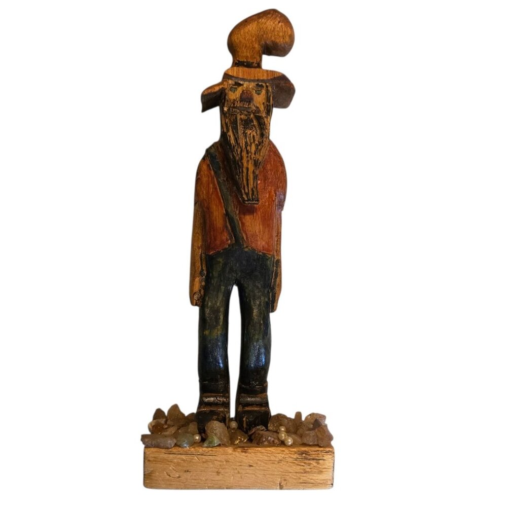 Cowboy Hillbilly Statue Hand Carved Wooden Folk Art Sculpture 11 Inch Vintage